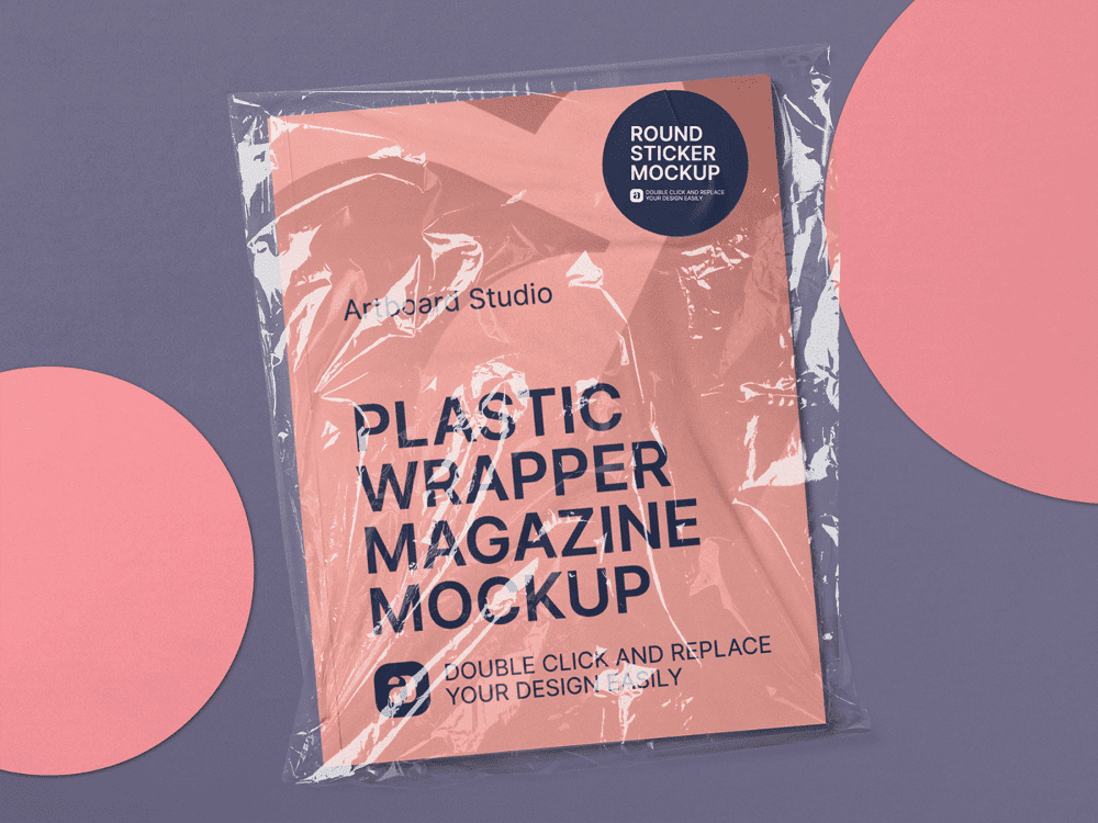 Free mockup resource for download. Plastic Wrapper Magazine Mockup Scene