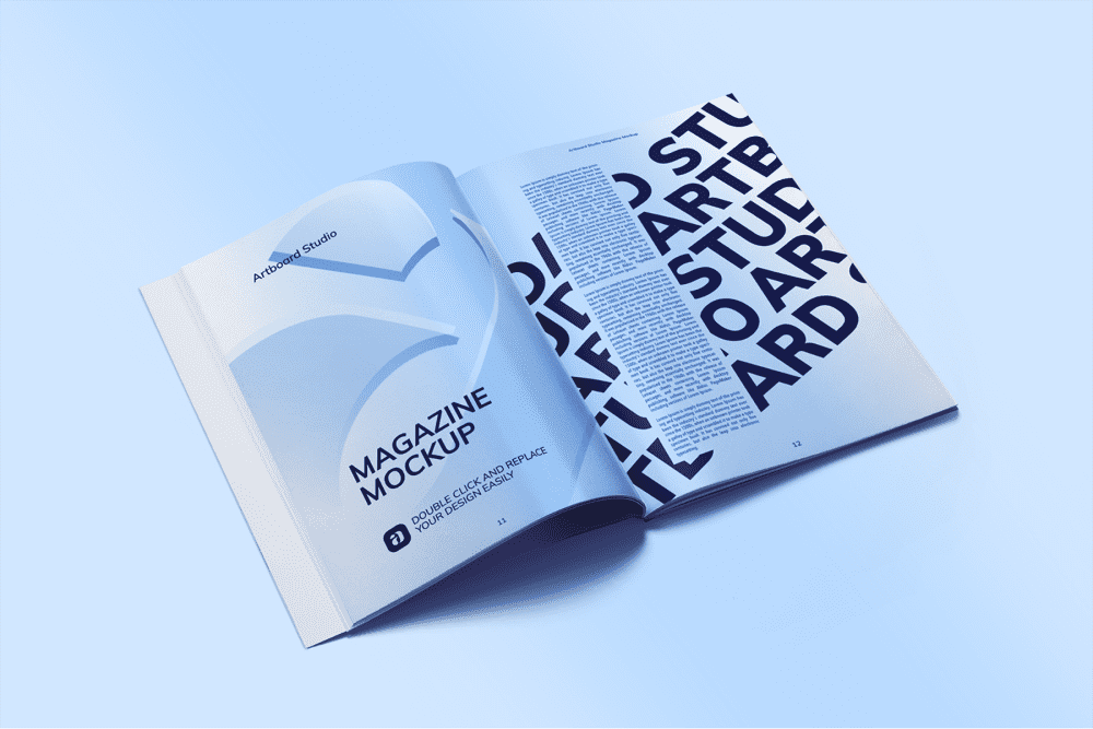 Magazine free psd mockup to showcase your design in a photorealistic style. Open Magazine Mockup Scene