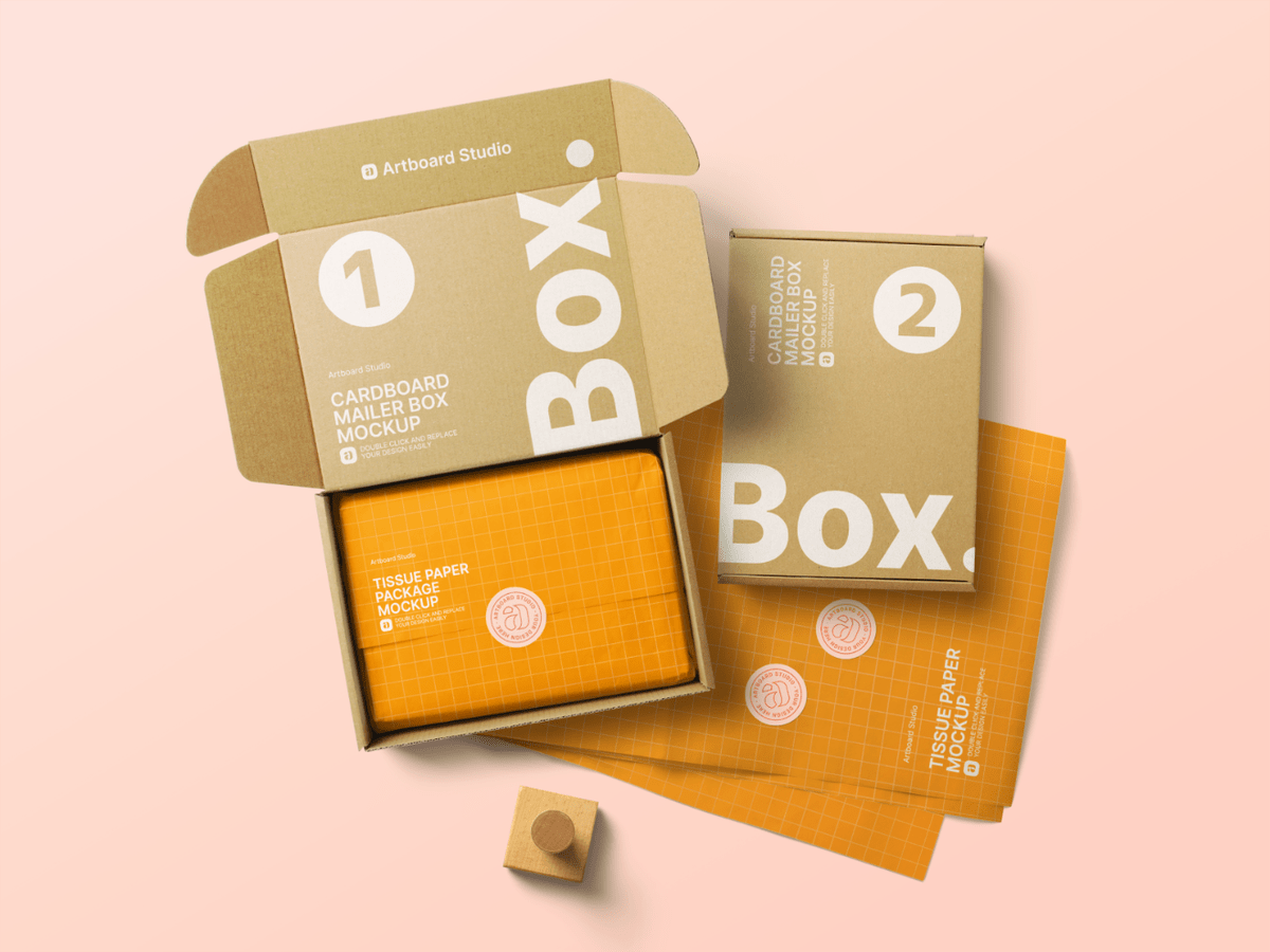 This free psd template comes with . Cardboard Mailer Box With Tissue Paper Mockup Template