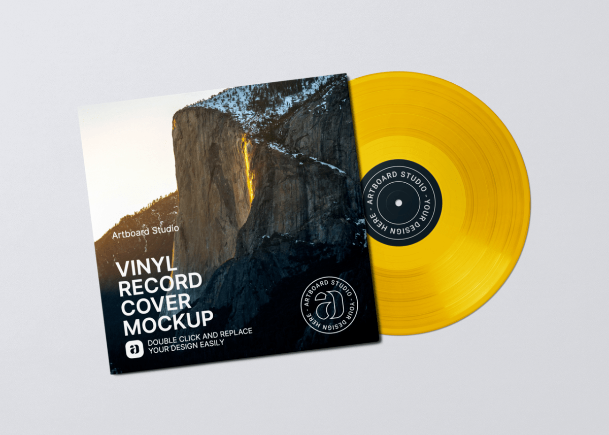 An realistic, retro/vintage vinyl mockup templates that showcases a sleeve (with folding slot), and a realistic record design. Vinyl Record Cover Mockup Scene